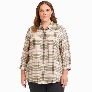 Lauren Ralph Lauren Woman Khaki Multi Plaid 3/4 Tab Sleeve Button Up Blouse 1X